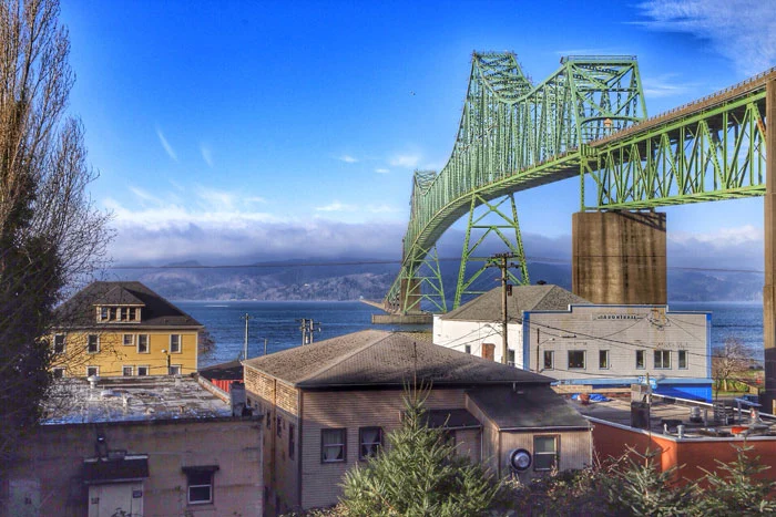 View of Suomi Hall under the Megler Bridge